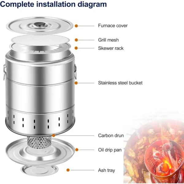 Edelstahl-Wickel grill Holzkohle grill rauchfreier Grill Koch rost tragbarer Camping ofen Haushalts grill werkzeuge 5