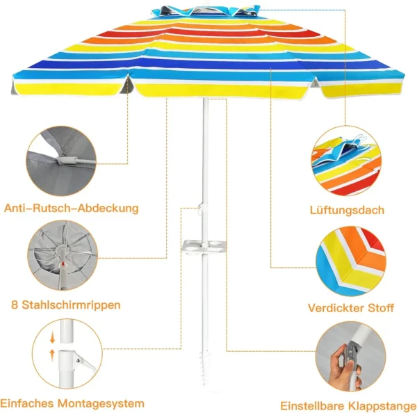 200 cm Sonnenschirm Strand, mit Getränkehalter, Gartenschirm, winddicht, UPF 50+, 30 °   Biegsamer, Sonnenschutz mit Erdspieß 6
