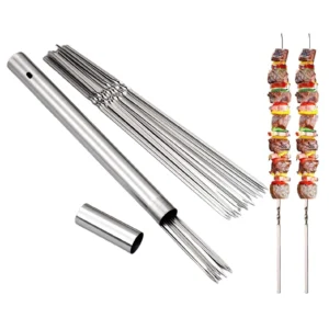 304 Edelstahl 13,5" lange flache Grillspieße, 40 Stück robuste Grill-Kebab-Spieße mit Aufbewahrungsrohr, wiederverwendbar zum Grillen