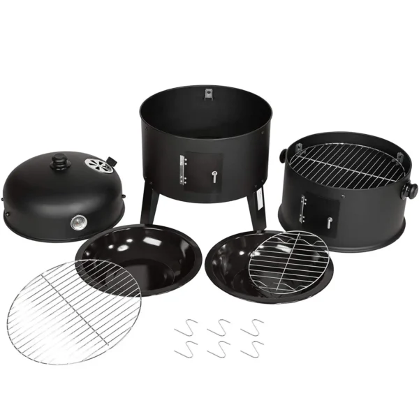 3-in-1-BBQ-Holzkohlegrill, Grill, Räucherfass, Räuchergrill mit Thermometer – 3-in-1-Räucherfass für Kochen im Freien 5