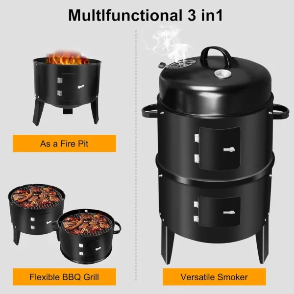 3-in-1 BBQ Smoker Grill mit Kamin Multifunktions-abnehmbarer Outdoor-Kochofen mit Thermometer Camping Outdoor Party Grill 2