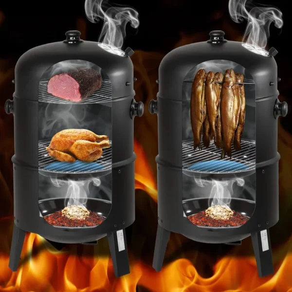 3-in-1-BBQ-Holzkohlegrill, Grill, Räucherfass, Räuchergrill mit Thermometer – 3-in-1-Räucherfass für Kochen im Freien 3
