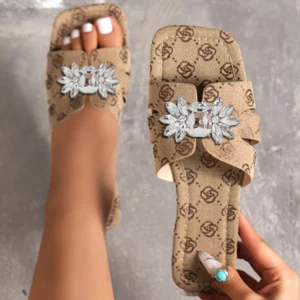 Frauen Luxus Strass Dekor Rutsche Sandalen Sexy Mode Elegante Sommer Outdoor Open-Toe Blumenmuster Wohnungen Bling 2025, Licht