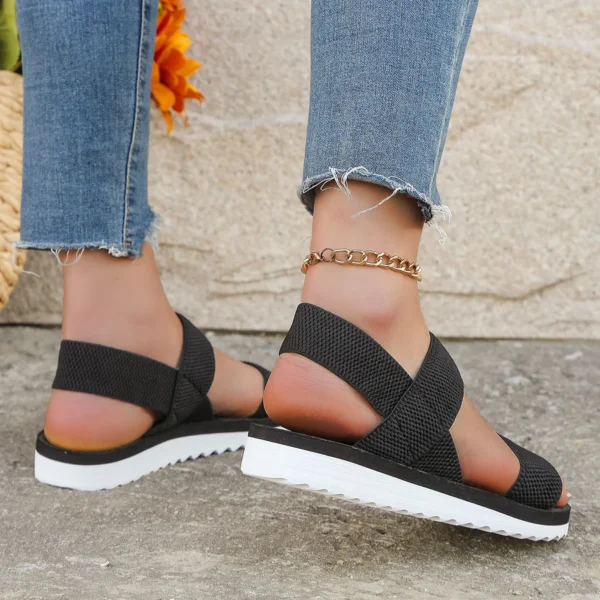 Damenmode-Trend, rutschfest, bequem, passende Farbsohle, reine schwarze Schnürsenkel, flache Sandalen 3
