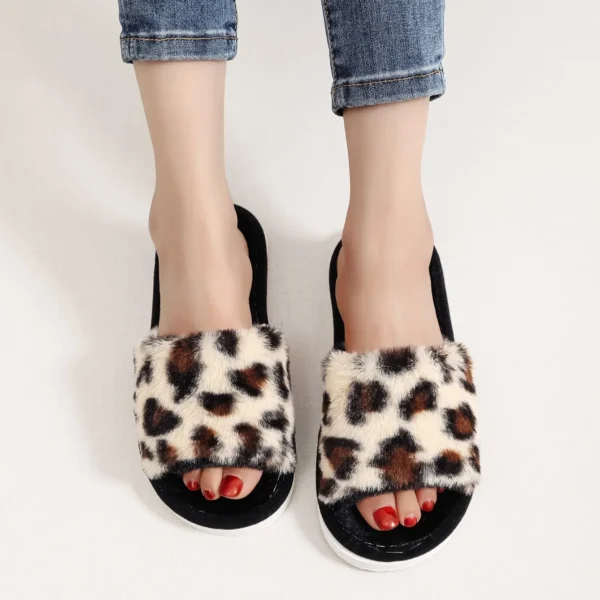 Herbst Winter Leopard Print Hausschuhe frauen Mode Plüsch Fell Rutschen Hause Flip-Flops Innen Warme EVA Anti Slip Wohnzimmer schuh 5
