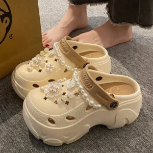 Perlenkette, klobige Plateau-Sandalen für Damen, 2024, Sommer, dicke Sohle, Strandsandalen, Damen, Blumen, rutschfeste EVA-Clogs, Gartenschuhe