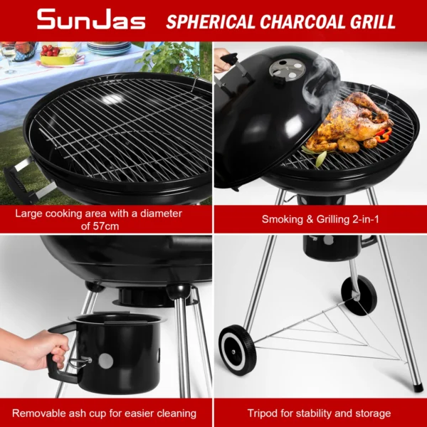 Holzkohle-Kugelgrill mit Deckel, Rundgrill Durchmesser 57 cm, Holzkohlegrillwagen mit Rädern, BBQ Grill schwarze Emaille 2