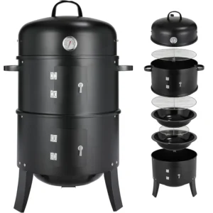Holzkohlegrill, Räuchergrill, 3-in-1 tragbarer vertikaler Grillkocher mit integrierten Thermometern und einstellbaren Entlüftungssystemen für den Außenbereich