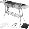 Holzkohlegrill aus Edelstahl, tragbarer Campinggrill mit doppelten klappbaren Flügeln, antihaftbeschichtete Pfanne, verstellbare Belüftung 2