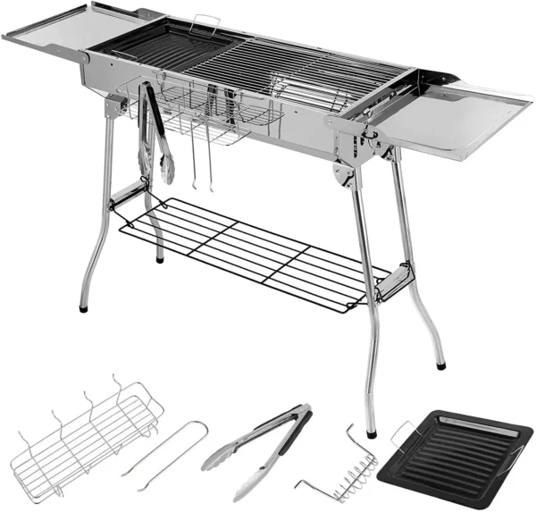 Holzkohlegrill aus Edelstahl, tragbarer Campinggrill mit doppelten klappbaren Flügeln, antihaftbeschichtete Pfanne, verstellbare Belüftung 2