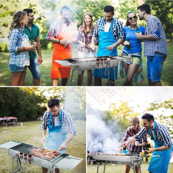 Holzkohlegrill aus Edelstahl, tragbarer Campinggrill mit doppelten klappbaren Flügeln, antihaftbeschichtete Pfanne, verstellbare Belüftung 6