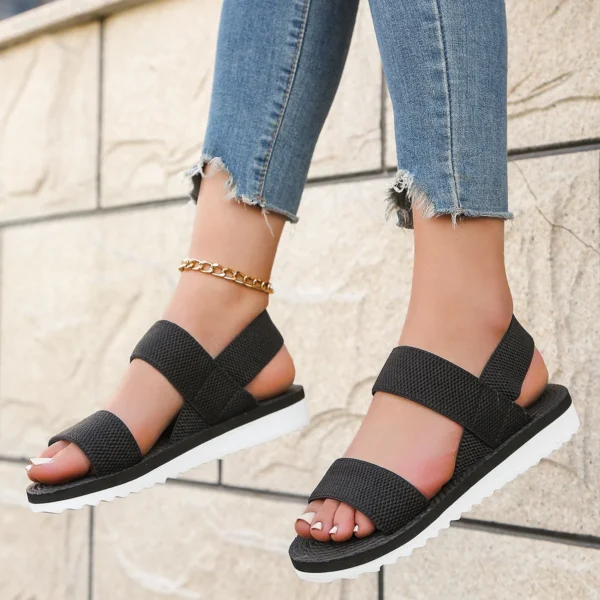 Damenmode-Trend, rutschfest, bequem, passende Farbsohle, reine schwarze Schnürsenkel, flache Sandalen 4