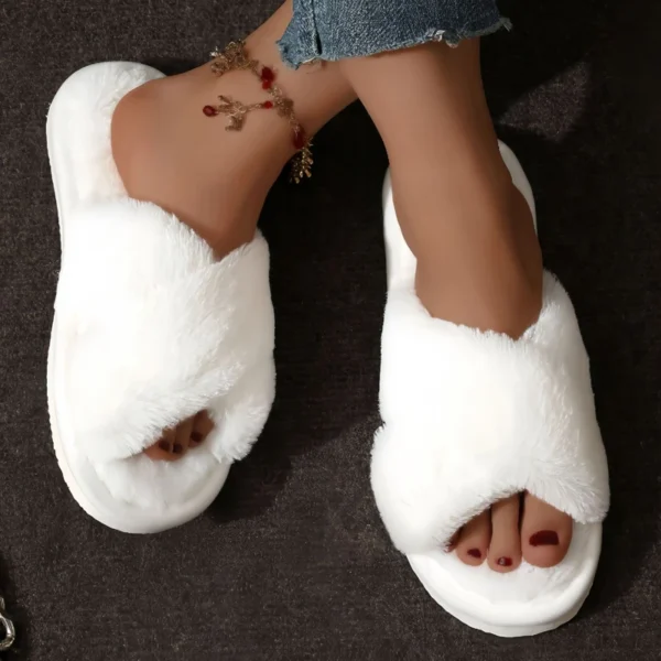 Kreuz Warme Flauschige Pelzigen Hausschuhe Frauen Leichte Flache Heels Pelz Rutschen Frau Herbst Winter Offene spitze Nicht Slip Hause Boden Schuhe