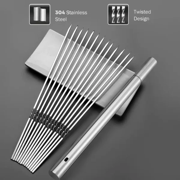 304 Edelstahl 13,5" lange flache Grillspieße, 40 Stück robuste Grill-Kebab-Spieße mit Aufbewahrungsrohr, wiederverwendbar zum Grillen 4