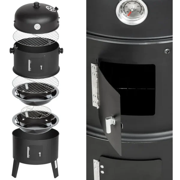 3-in-1-BBQ-Holzkohlegrill, Grill, Räucherfass, Räuchergrill mit Thermometer – 3-in-1-Räucherfass für Kochen im Freien 2