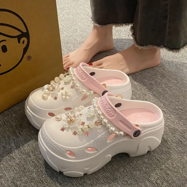 Perlenkette, klobige Plateau-Sandalen für Damen, 2024, Sommer, dicke Sohle, Strandsandalen, Damen, Blumen, rutschfeste EVA-Clogs, Gartenschuhe 3