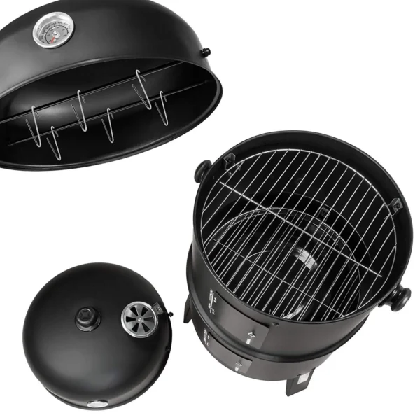 3-in-1-BBQ-Holzkohlegrill, Grill, Räucherfass, Räuchergrill mit Thermometer – 3-in-1-Räucherfass für Kochen im Freien 4
