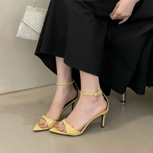 Sexy Spitzschuh Offene spitze Lackleder Schnalle Sommer Hochhackige Sandalen Damen Party Hochzeit Modeschuhe 4