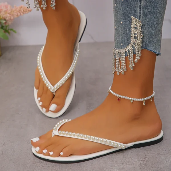 Mode Perlen Strand Flip-Flops für Frauen 2025, Sommer Clip Toe Flache Rutschen Sandalen Frau Bequeme rutschfeste Outdoor-Hausschuhe 2