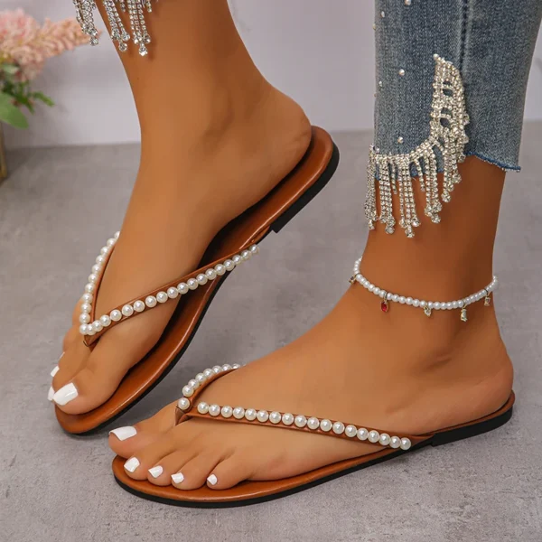 Mode Perlen Strand Flip-Flops für Frauen 2025, Sommer Clip Toe Flache Rutschen Sandalen Frau Bequeme rutschfeste Outdoor-Hausschuhe 5