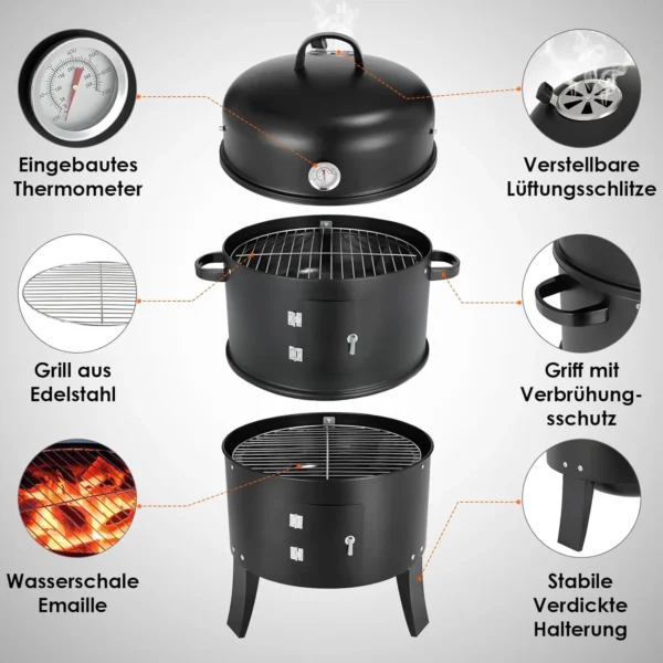 Holzkohlegrill, Räuchergrill, 3-in-1 tragbarer vertikaler Grillkocher mit integrierten Thermometern und einstellbaren Entlüftungssystemen für den Außenbereich 5