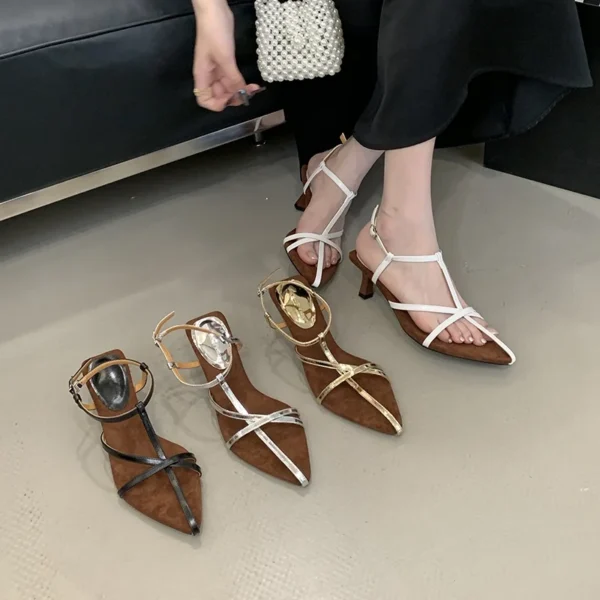 Spitze Zehen Offene spitze Wildleder Colorblocking Spaghetti Schnalle Sommer Mid Heel Sandalen Frauen Party Mode Schuhe