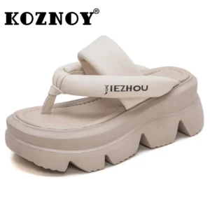 Koznoy 7,5 cm Peep Toe Schaffell Flip Leder hohle Mode Sandalen Hausschuhe Mary Jane Designer Frauen Sommer Wohnungen Loafer Schuhe