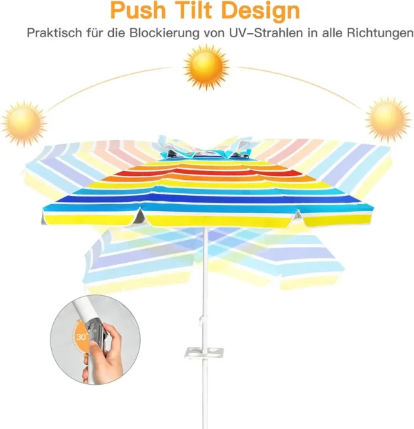 200 cm Sonnenschirm Strand, mit Getränkehalter, Gartenschirm, winddicht, UPF 50+, 30 °   Biegsamer, Sonnenschutz mit Erdspieß 4