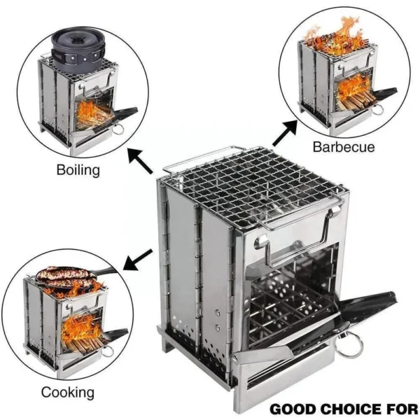 Tragbarer Mini-Grill aus Edelstahl – faltbarer Holzkohle- und Holzofen für Camping, Kochen und Heizen im Freien, kompaktes Design 3