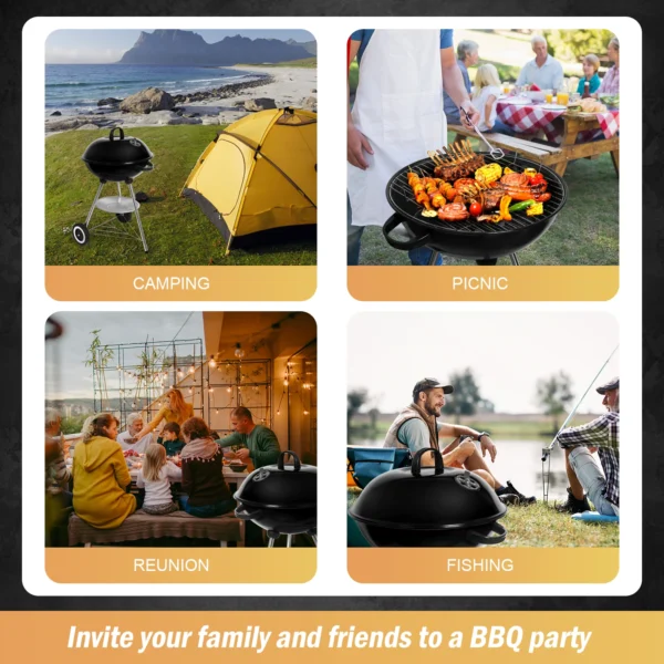 Holzkohlegrill, Kugelgrill mit Deckel, Rundgrill mit Rädern und Griff, BBQ Grills Campinggrill, Schwarz 6