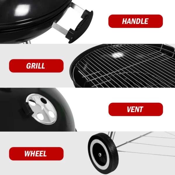 Holzkohle-Kugelgrill mit Deckel, Rundgrill Durchmesser 57 cm, Holzkohlegrillwagen mit Rädern, BBQ Grill schwarze Emaille 4