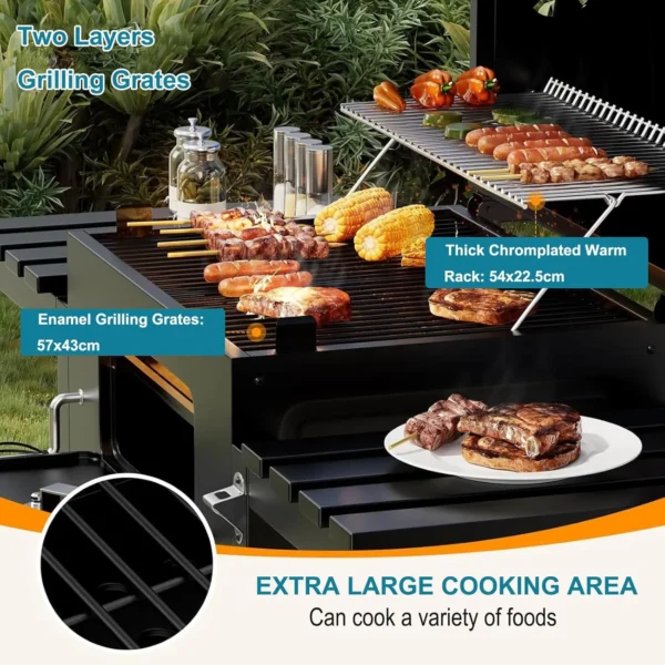 Großer, robuster Grill, geeignet für 10 Personen mit Rädern, 2 klappbare Beistelltische, Outdoor-Grill für Garten, Picknick, Camping 2