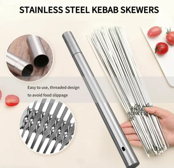 304 Edelstahl 13,5" lange flache Grillspieße, 40 Stück robuste Grill-Kebab-Spieße mit Aufbewahrungsrohr, wiederverwendbar zum Grillen 5
