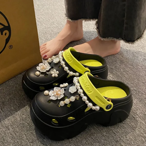 Perlenkette, klobige Plateau-Sandalen für Damen, 2024, Sommer, dicke Sohle, Strandsandalen, Damen, Blumen, rutschfeste EVA-Clogs, Gartenschuhe 5