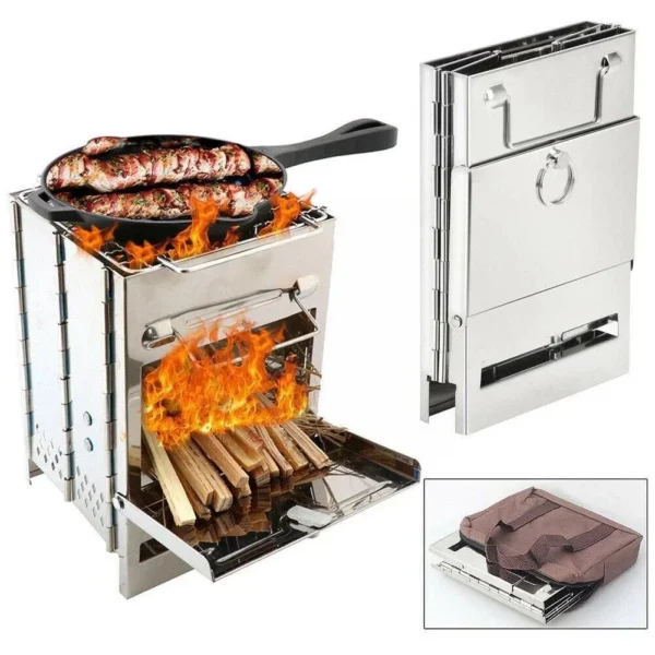 Tragbarer Mini-Grill aus Edelstahl – faltbarer Holzkohle- und Holzofen für Camping, Kochen und Heizen im Freien, kompaktes Design 2