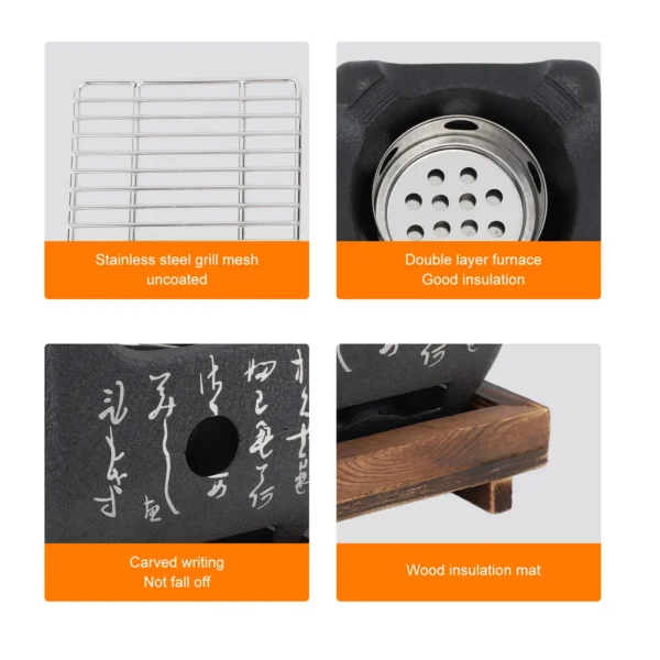 Tragbarer BBQ-Holzkohlegrill aus Aluminiumlegierung, japanisches Skript, Lebensmittel, Holzkohleofen, Kochen im Freien, Camping, Picknick, Strand 6