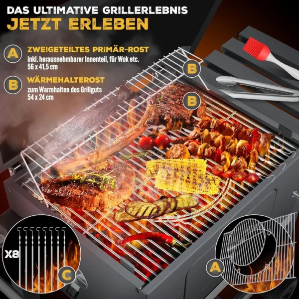 Grillwagen, Holzkohlegrill mit Deckel, Rollen, Edelstahlgriff, Grillrost und Thermometer, Holzkohlegrillwagen 4