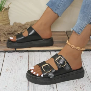 Casual Sandalen Damen Leder Metall Knöchel Schnalle Riemen Sommer Strand Damen Low Heel Sportschuhe Handgemacht
