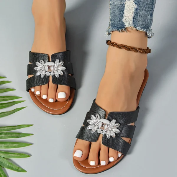Frauen Luxus Strass Dekor Rutsche Sandalen Bling Outdoor Casual Flache Beige Mode Sexy Elegante Sommer Hausschuhe 2025, Neue Braun 5