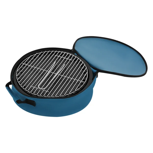 Tragbarer, zusammenklappbarer dreibeiniger Holzkohlegrill mit Grillnetz, Holzkohlenetz, Bratpfanne, Aufbewahrungstasche für Outdoor-Camping, Grillen 6