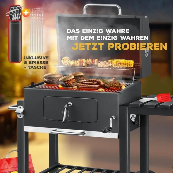 Grillwagen, Holzkohlegrill mit Deckel, Rollen, Edelstahlgriff, Grillrost und Thermometer, Holzkohlegrillwagen 2