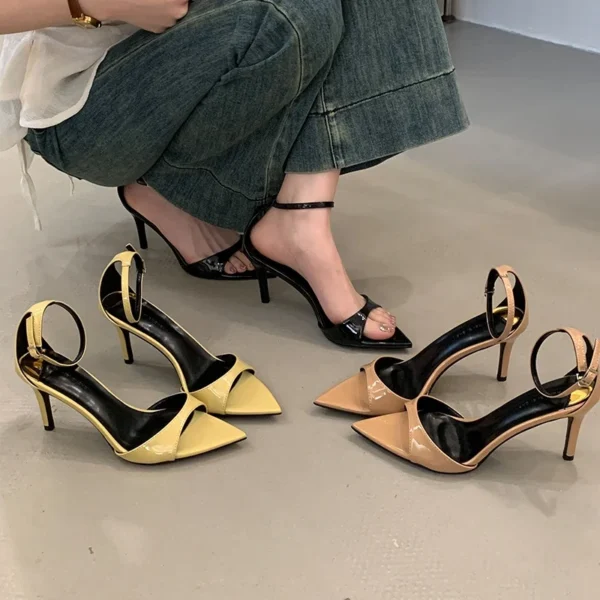 Sexy Spitzschuh Offene spitze Lackleder Schnalle Sommer Hochhackige Sandalen Damen Party Hochzeit Modeschuhe