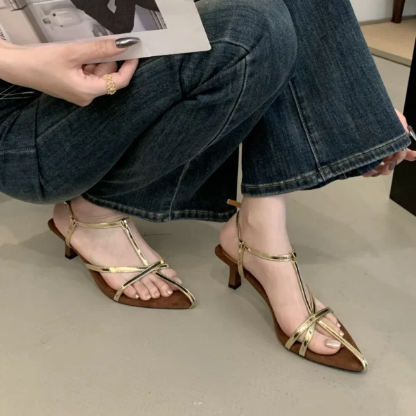 Spitze Zehen Offene spitze Wildleder Colorblocking Spaghetti Schnalle Sommer Mid Heel Sandalen Frauen Party Mode Schuhe 5