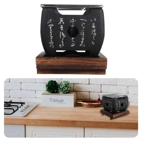 Japanisches Grillregal mit Holzsockel, rutschfest, rutschfest, Holzkohlegrills, Hibachi, runder Tischplatte, Metallgrill, für Zuhause, Braten, Herd 4