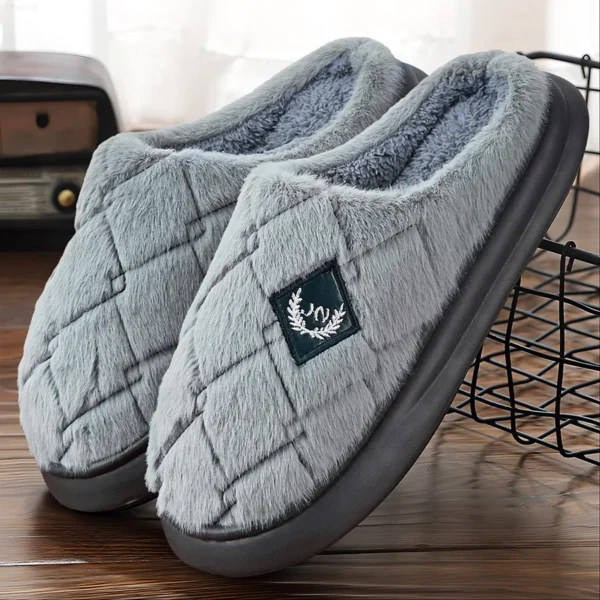 Herren-Hausschuhe, pelzig, kariert, gemütlich, EVA-Memory-Schaum, leichte Freizeitschuhe, Winter, warm, Plüsch, rutschfeste Hausschuhe, große Größe 2