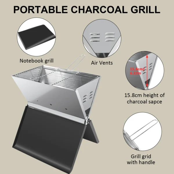 Klappgrill Holzkohle Campinggrill Edelstahl Laptopgrill Tischgrill BBQ Grills für Gartenbars Camping im Freien 2