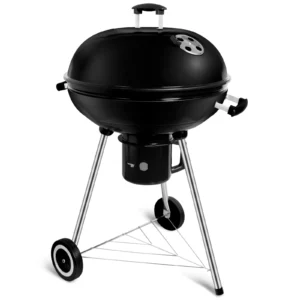 Holzkohle-Kugelgrill mit Deckel, Rundgrill Durchmesser 57 cm, Holzkohlegrillwagen mit Rädern, BBQ Grill schwarze Emaille