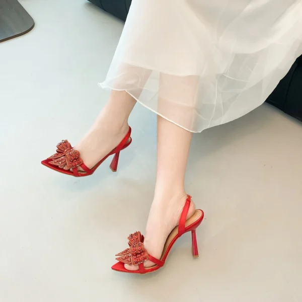 Sexy Mode Spitz Strass Bogen Feine Ferse Frauen Sommer Hochhackige Sandalen Bankett Kleid Schuhe 6