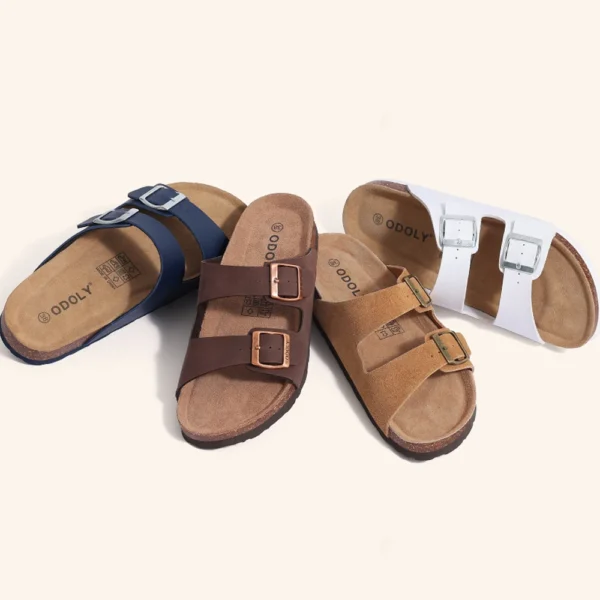 Shevalues Herren-Sandalen aus klassischem Leder, modische doppelte Outdoor-Strandschuhe, bequeme Unisex-Hausschuhe mit Korkfußbett und Fußgewölbeunterstützung 2