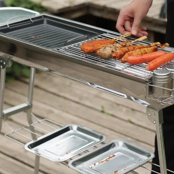 Holzkohlegrill aus Edelstahl für den Außenbereich, großes Grillwerkzeug, tragbar, mit kostenloser Installation, Griff, zusammenklappbar, zum Kochen 2